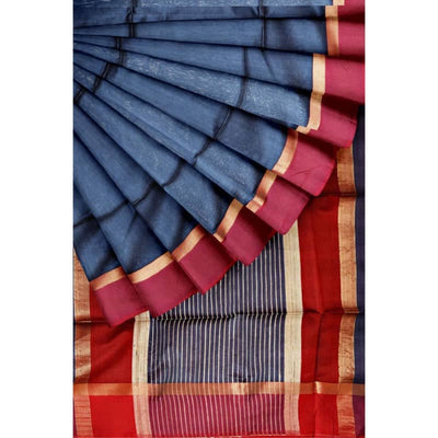 Navy Blue Handloom Maheshwari Silk Saree - SSEthnics