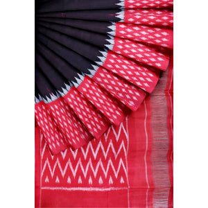 Black-Red Handloom Ikat Mercerised Cotton Saree - SSEthnics