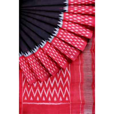 Black-Red Handloom Ikat Mercerised Cotton Saree - SSEthnics