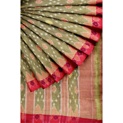 Olive Green Handloom Ikat Cotton Saree without Blouse - SSEthnics