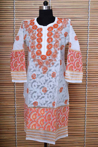 White Cotton Chikankari Embroidered Kurti - SSEthnics