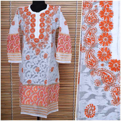 White Cotton Chikankari Embroidered Kurti - SSEthnics
