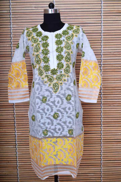 White Cotton Chikankari Embroidered Kurti - SSEthnics