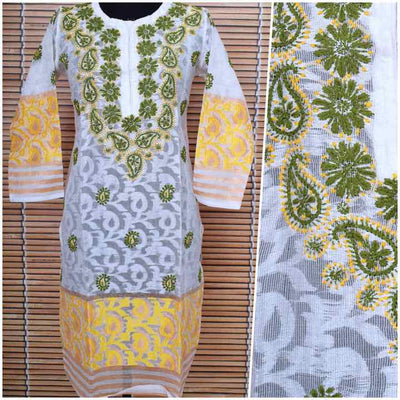 White Cotton Chikankari Embroidered Kurti - SSEthnics