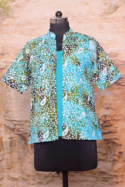 Sea Blue Batik Cotton Faux Shirt Top