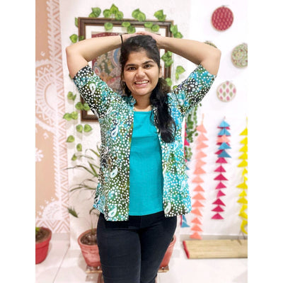 Sea Blue Batik Cotton Faux Shirt Top