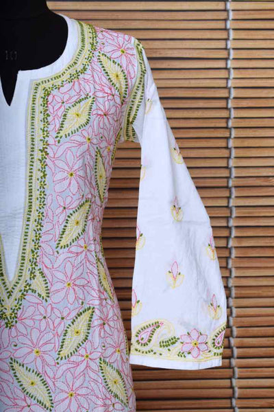 White Cotton Chikankari Embroidered Kurti - SSEthnics