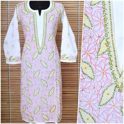 White Cotton Chikankari Embroidered Kurti - SSEthnics