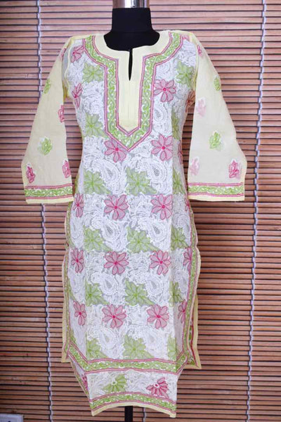Light Yellow Cotton Chikankari Embroidered Kurti - SSEthnics