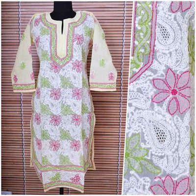 Light Yellow Cotton Chikankari Embroidered Kurti - SSEthnics