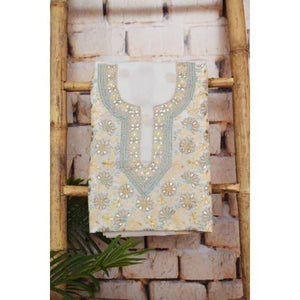 White Cotton Chikankari Kurti Fabric with Gota Patti New - SSEthnics