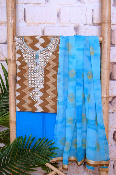 Brown Gota Patti Dabu Unstitched Suit - SSEthnics