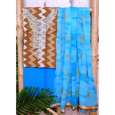 Brown Gota Patti Dabu Unstitched Suit - SSEthnics