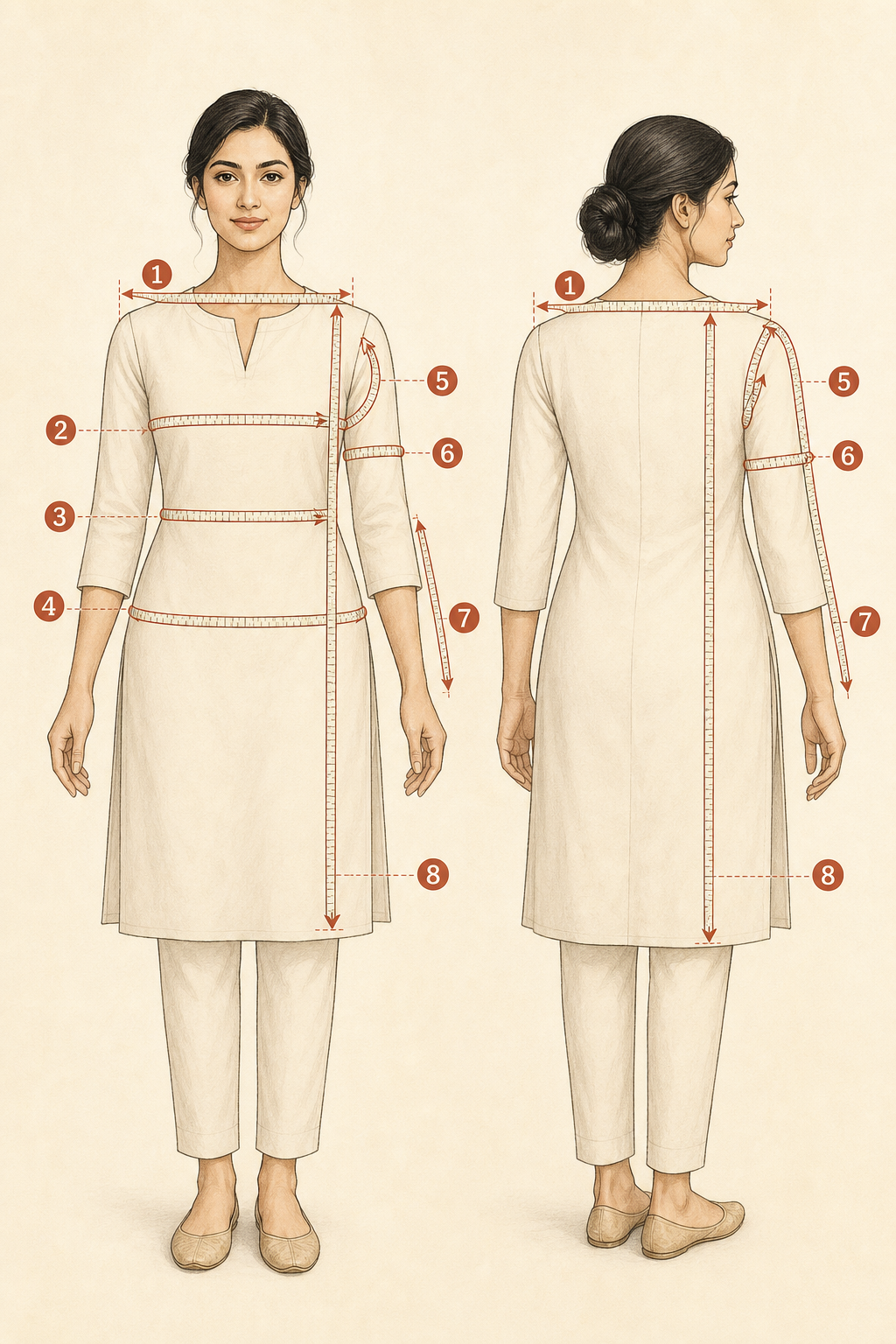Front and back tailoring diagram showing where to measure shoulder, bust, waist, hip, armhole, bicep, sleeve and kurti length