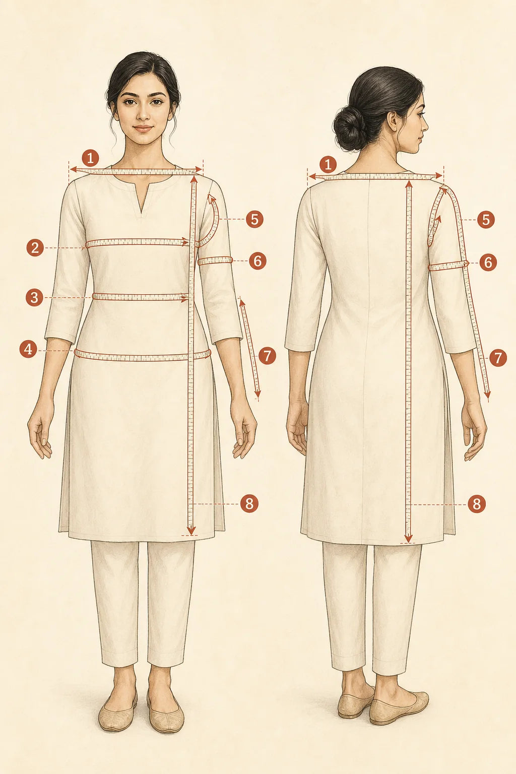 Front and back tailoring diagram showing where to measure shoulder, bust, waist, hip, armhole, bicep, sleeve and kurti length